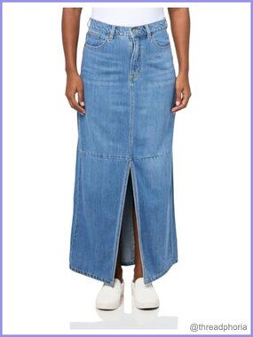 Long Denim Skirt with Front Slit Casual Walking Skirt
